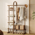 41.3" Wide 3-in-1 Freestanding Clothing Rack, Wooden Coat Rack with 4 Shelves and 5 Hooks, Solid Rubber Wood Coat Rack with Shelves for Entryway, Bedroom, Living Room, Walnut