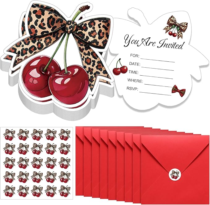 Marspark 25 Set Cherry Cheetah Print Birthday Invitation Paper Card with Envelopes and Leopard Stickers Wedding Birthday Bachelorette Invitation Party Supplies for Girls Dinner Favors, 5 x 6 Inch