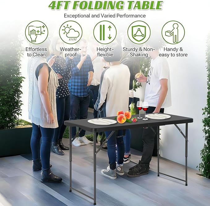 4FT Folding Table - Heavy Duty Portable Plastic Utility Table with Adjustable Height, Carry Handle. Indoor Outdoor Use for Camping, Parties, Picnics, Tailgating (4ft, Black)