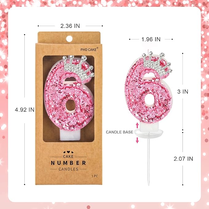 PHD CAKE Birthday Number Candles,Pink Crown Birthday Candles for Cake,Glitter Number 6 Candle Cake Topper with Sequins for Girls,Women, Anniversary Celebrations Supplies