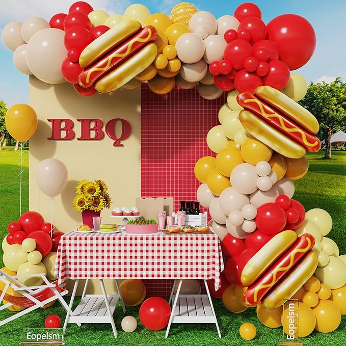 Hot Dog Party Decorations 135Pcs Red and Yellow Balloon Garland Arch Kit with Hot Dog Foil Balloons for Picnic Barbeque Gender Reveal Baby Q Baby Shower Party Decorations