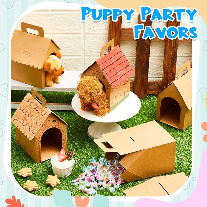 ShinyRelief 24 Pcs Dog Party Favors Boxes Dog House Shaped Treat Gift Boxes with Holes Foldable with Handle for Adopt a Puppy Party Favors Kid DIY Crafting Birthday (Kraft Paper Style)