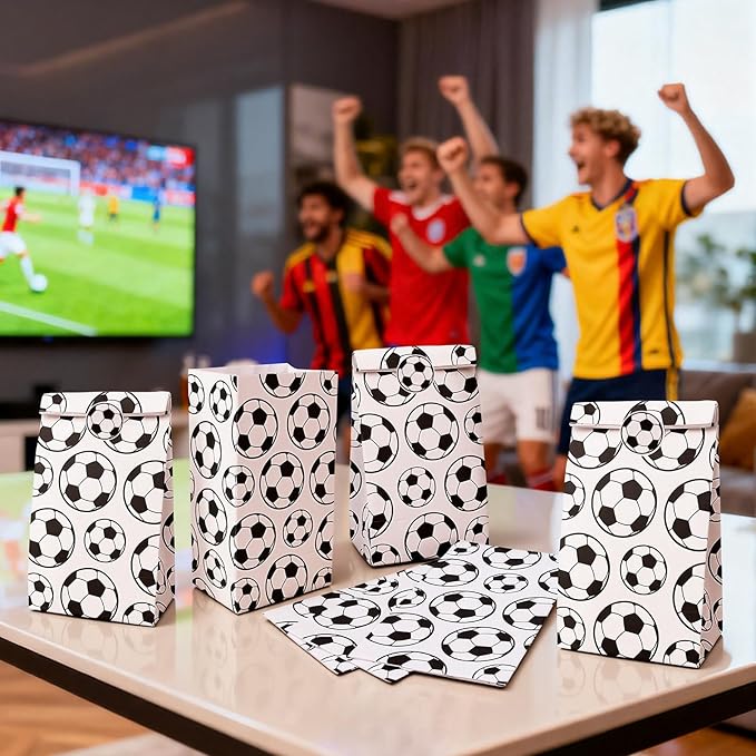 Fowecelt 24 Pack Soccer Gift Bags for Kids Soccer Paper Treat Bags with Stickers Party Favors Goodie Gift Bag Snack Treat Holders for Sports Theme Birthday Party Supplies Decorations