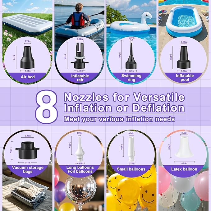 FLSEPAMB Electric Balloon Pump, 3-in-1 Portable Electric Air Balloon Blower Machine Balloon Pump 2 Motor Dual Nozzle Balloon Inflator for Latex 260Q Long Foil Balloons Swimming Rings Air Beds
