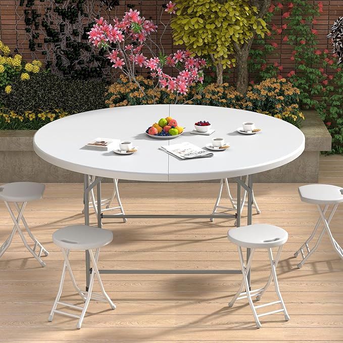 OS MOTOR 5ft Round Folding Table with Carry Handle, Portable Heavy Duty Plastic Utility Table with Steel Legs for Party, Wedding, Camping, Indoor, Outdoor Event, 60 Inch, White