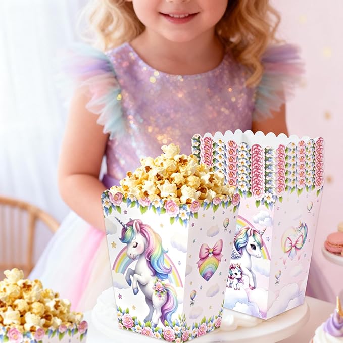 BACH AND BOUJEE 20Pcs Unicorn Popcorn Boxes Rainbow Unicorn Goodie Candy Boxes Birthday Party Favors Gift Bags Dreamy Animal Birthday Party Decorations Baby Shower