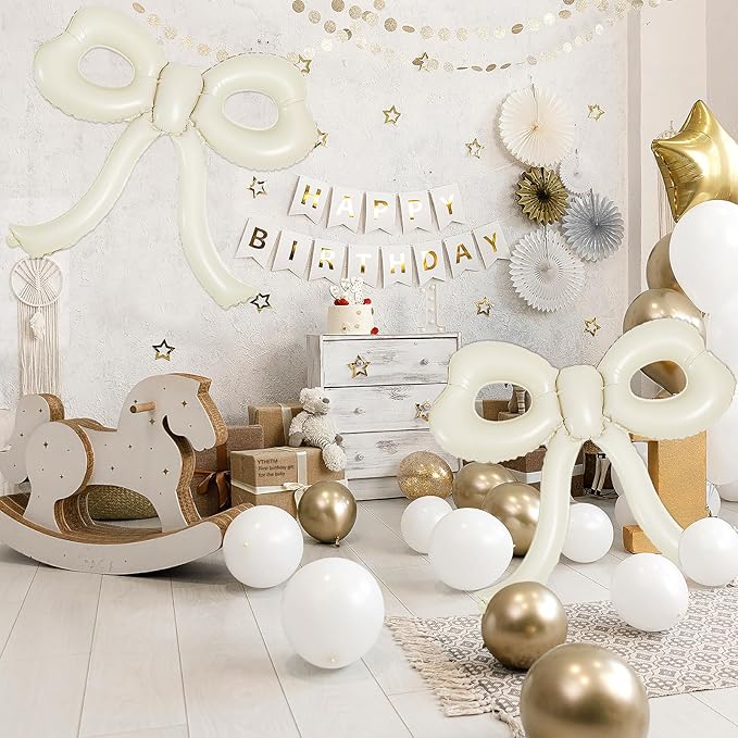 4 Pcs Bow Birthday Decorations Cream Bow Balloons for Girl Women Bow Themed Party Decorations Giant Foil Beige Balloons for Birthday Baby Shower Gender Reveal Wedding Decor Party Supplies