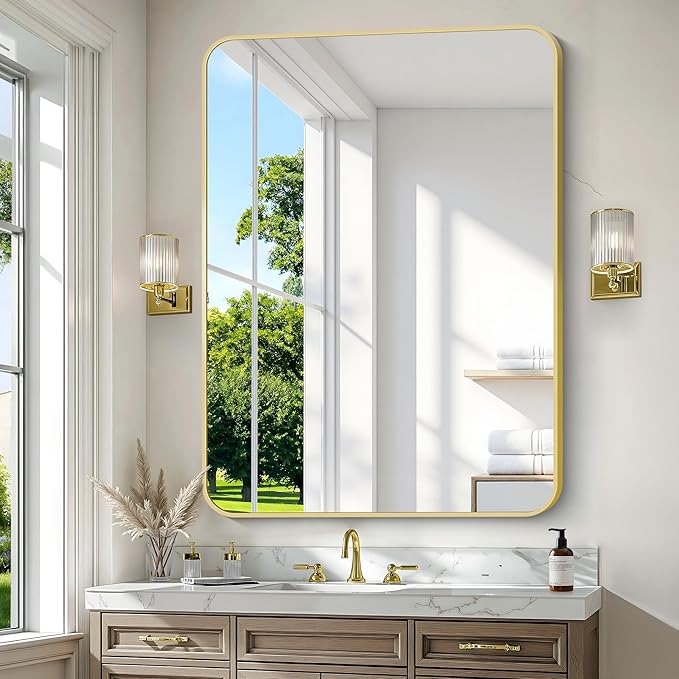 BONEWEI Gold Bathroom Mirror,36x48 inch Wall Mirror for Bathroom Wall Mounted,Round Rectangle Mirror for Bathroom Over Sink,Modern Frame for Home Decor Living Room,Bedroom Entryway,Horizontal/Vertical
