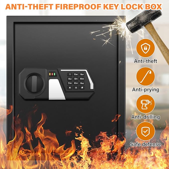 Nebakne 200 Keys Fireproof Key Safe with Hook Plates and Key Tags, Anti-Theft Key Lock Box Wall Mount with Combination Lock, Heavy Duty Key Box Key Cabinet Key Organizer for Home Office Garage