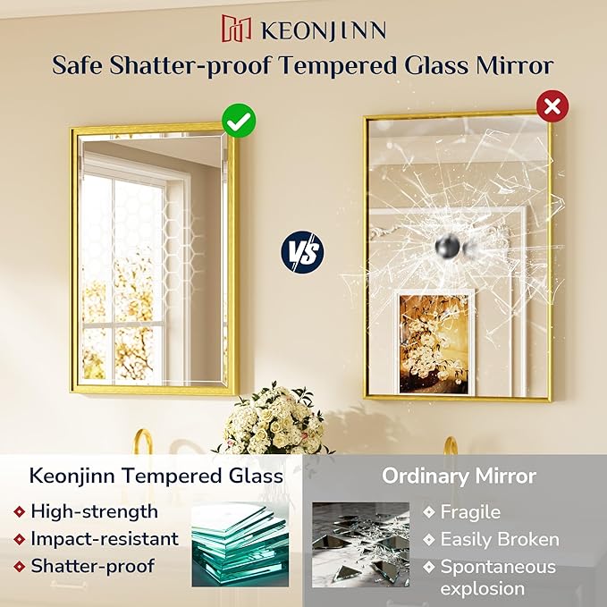 Keonjinn 72" x 36" Gold Bathroom Mirror, Decorative Metal Frame, Safe Beveled Tempered Glass, Shatterproof, Modern Farmhouse Large Rectangle Wall-Mounted Mirror for Living Room, Dining Room
