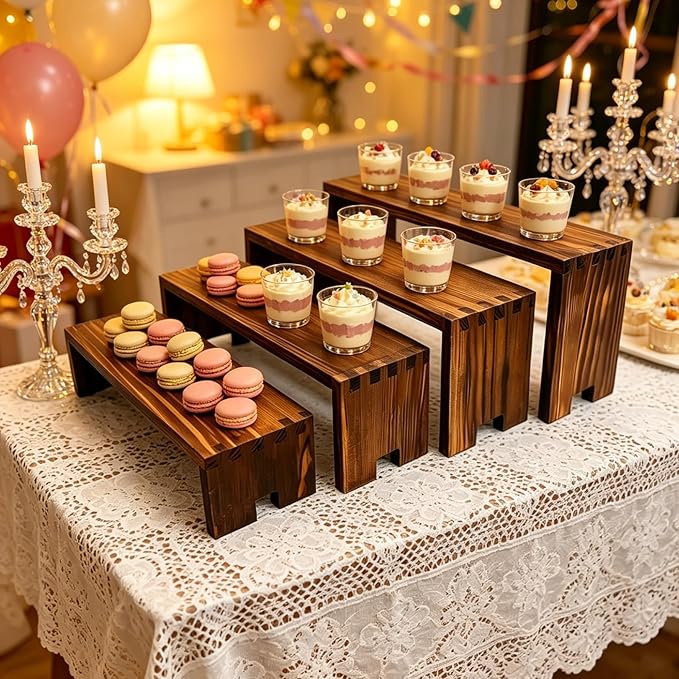 Yikaroeli 2 Set Large Cupcake Stands Wood Cake Stand Wooden Display Risers Wood Riser Dessert Table Display Set Farmhouse Decor,4Tiered 8Pcs Food Risers for Party