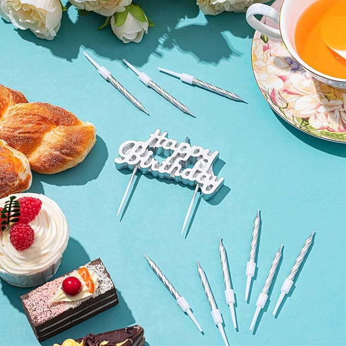 MTLEE Happy Birthday Candles Letter Cake Topper with 10 Pcs 2.95 Inch Short Thin Spiral Candles for Cake Topper Birthday Decoration Party Supplies(Silver)