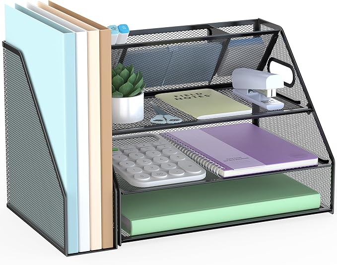 Docnest 3 Tier Metal Mesh Desk Organizer - Letter Tray with Built-in Pen Holder & Handle, Black