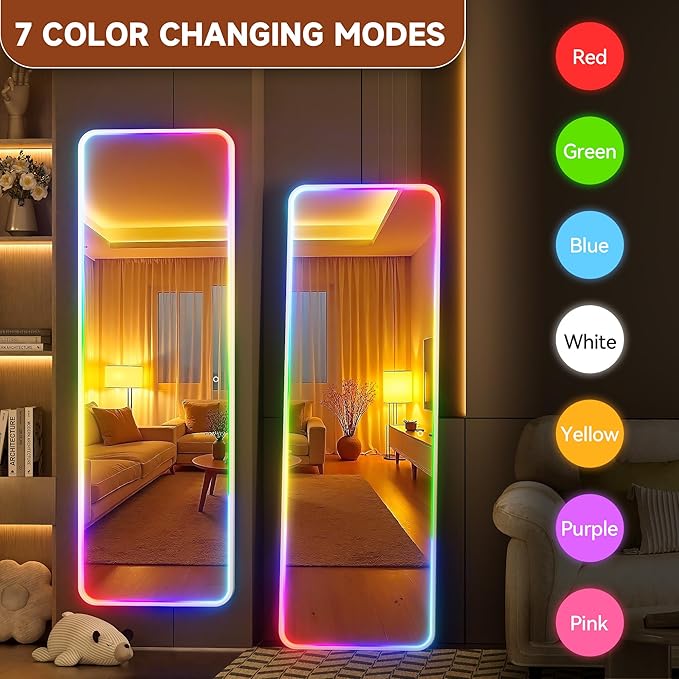 Hasipu 55"x15.7" LED RGB Door Mirror Full Length, Full Body Full Length Over The Door Mirror with Lights, Door Hanging & Wall Mounted Mirror for Bedroom, Living Room, Cloakroom