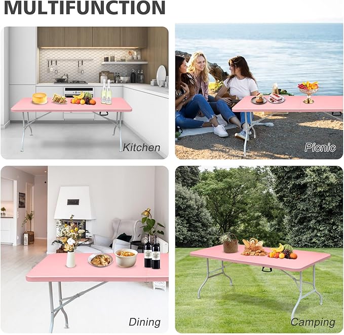 Portable 6Ft Folding Table, Heavy Duty Plastic Fold-in-Half Utility Foldable Dining Table, Multi-Purpose Plastic Folding Table with Carrying Handle for Camping and Party Indoor/Outdoor (Pink)