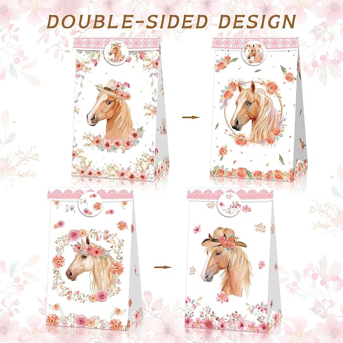 BACH AND BOOZY 12 PCS Horse Party Favors Supplies Horse Party Bags Boxes Cowboy Gift Box Cookies Snacks Bags for Western Cowboy Cowgirl Themed Baby Shower