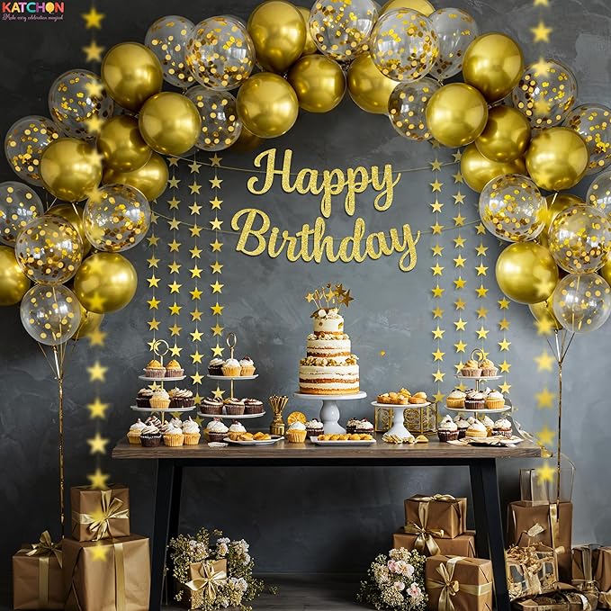 KatchOn, Gold Birthday Decorations Set – Pack of 53 | Glitter Happy Birthday Banner, Gold Star Garland and Confetti Balloons Arch Kit | Happy Birthday Decorations Women, Men | Happy Birthday Sign