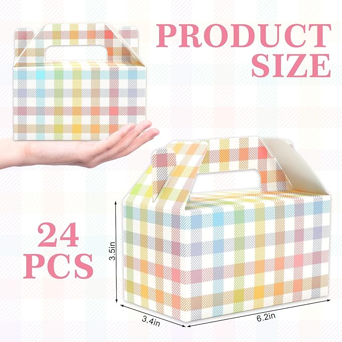 Whaline Gingham Treat Box with Handle 24 Pcs Candy Gable Boxes Spring Easter Goodie Candy Bags Pastel Checkered Plaids Cardboard Gift Box for Birthday Baby Shower Party Favors