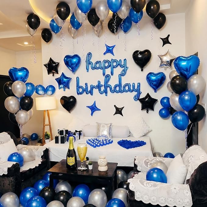 Realspring 120 Pcs Happy Birthday Decorations Set Balloons Letters Banner with Candle LED Light Champagne Bottle Wine Glass Rose Petals for Birthday Party Room Decor (Blue)