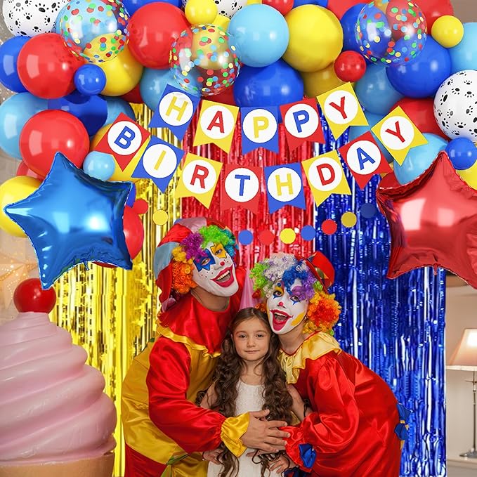 Birthday Decorations for Boys, Dog Party Decorations Red Yellow Light Blue Star Foil Balloons Happy Birthday Banner Fringe Curtain Backdrop for Kids Boy Carnival Cartoon Theme Party Supplies