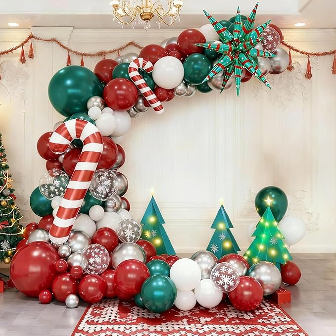 FunHot Christmas Balloon Arch Kit, Xmas Green Red Balloon Garland, Retro Green Dark Red Metallic Silver Confetti Latex Balloons with Candy Cane Xmas Star Foil Balloons for Christmas Party Decorations