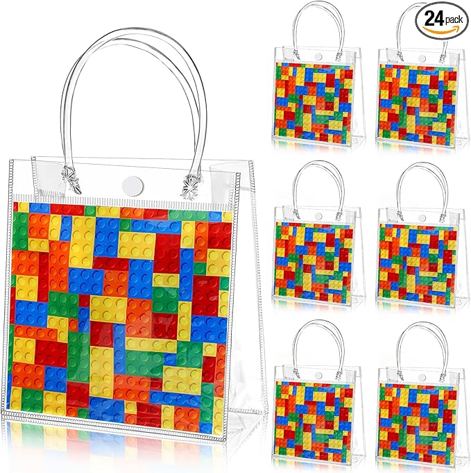 Teenyyou 24 Pcs Building Blocks Party Favors Bags Color Bricks PVC Clear Goodie Candy Treat Tote Gift Bags with Handles Building Blocks Theme Birthday Baby Shower Party Supplies