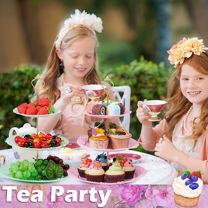 6 Sets Tea Party Decorations of 3 Tier Plastic Cupcake Stand Dessert Plates Cake Fruit Candy Display Tower for Wedding Birthday Baby Shower Tea Party Decorations(Round)