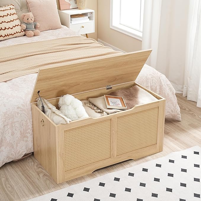 HOOBRO Storage Bench, 39.3" Toy Box, Rattan-Like Storage Chest, Sturdy Entryway Bench Supports 220 lb, Toy Chest, Safety Hinge, U-Shaped Opening, Easy Assembly, Natural NL11CW01