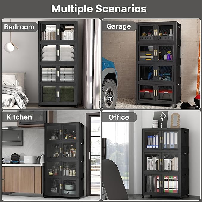 UAMFURI Stackable Storage Bins with Lids, Clear Doors, Large Storage Cabinet Foldable Collapsible Closet Organizers for Bedroom Dorm Office (4, Black, 120, Quarts)