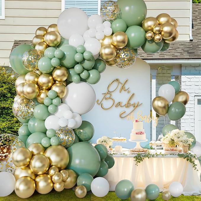 151pcs Sage Green Balloon Arch Kit Different Sizes 18 12 10 5 Inch Sage Green balloons White Gold Latex Balloons for Birthday Baby Shower Gender Reveal Wedding Engagement Party Decorations