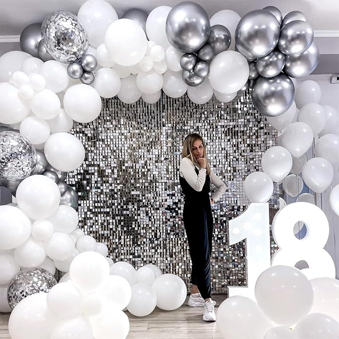 Silver and White Balloons, 12 Inch Metallic Silver White Latex Balloons Set Decor with Silver Confetti Helium Balloons for Boys Girls Birthday Party Baby Shower Wedding Graduation Party Decorations