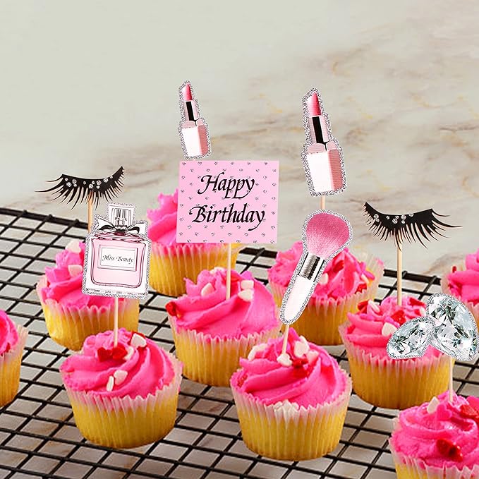 Ercadio 28Pcs Makeup Birthday Cupcake Toppers Diamond Lipstick Cupcake Picks Eyelash Food Picks for Makeup Girl Pink Birthday Cupcake Decorations Bridal Shower Cosmetics Bachelorette Party Supplies