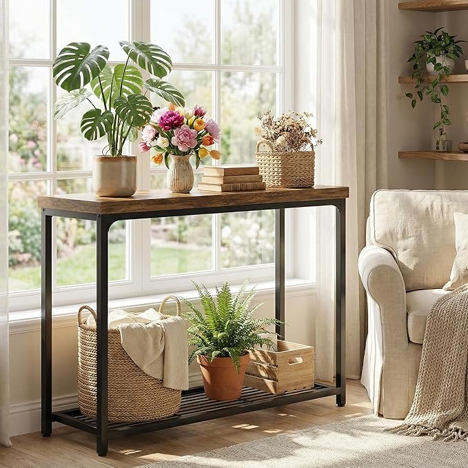 Besiost 32" Small Console Table with 2-Tier Storage, Industrial Narrow Entryway Table, Sofa Table Behind Couch for Hallway, Foyer & Living Room, Sturdy Metal Frame, Rustic Brown