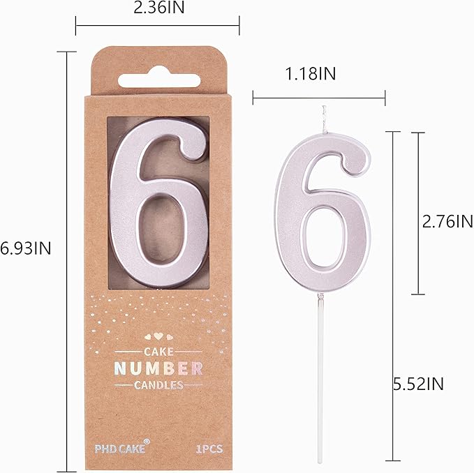 PHD CAKE 2.76 Inch Modern Rose Gold 6 Number Birthday Candles, Cake Candles for Party Celebration