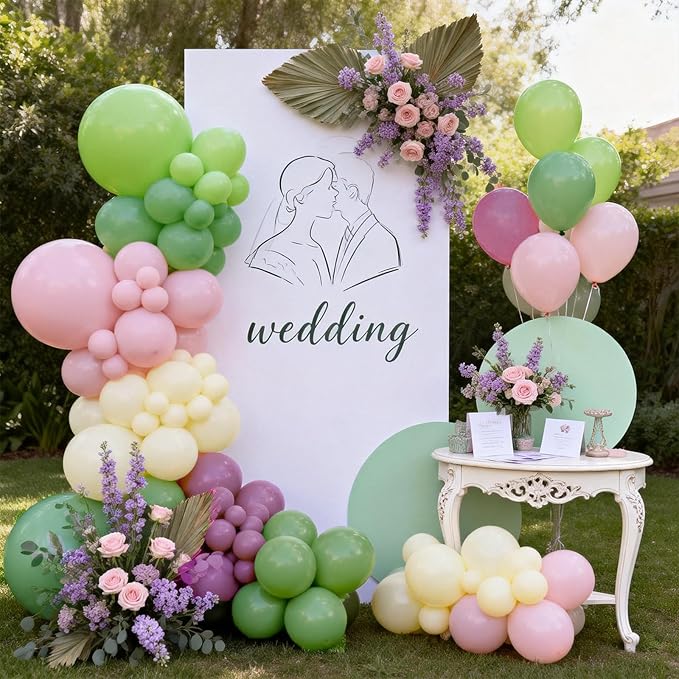 Pink Green Purple Balloons Arch Kit，Green And Pink Balloons with Sage Light Olive Green Dusty Pink Lilac Yellow Pastel Balloons for Wedding Birthday Party Fairy Bridal Shower Wildflower Decoration.
