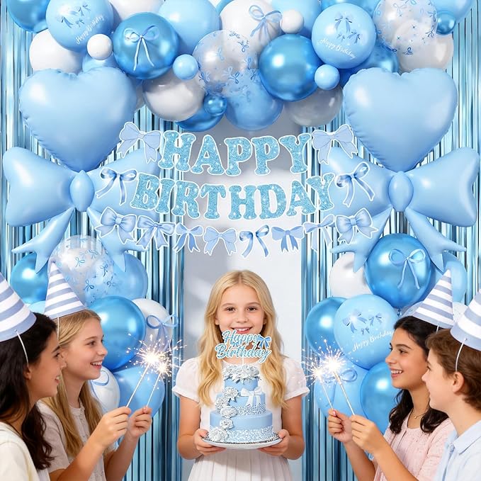 Blue Bow Birthday Party Decorations, Coquette Baby Blue White Bows Balloons with Mini Bows Decor Happy Birthday Banner Fringe Curtain for Women Girls Bows Bachelorette Baby Shower Party Decoration