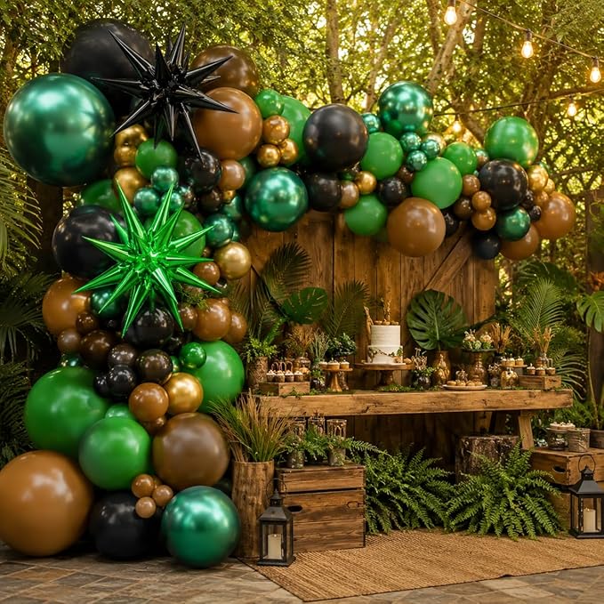 Green and Brown Balloons, 12 Inch Jungle Safari Woodland Balloon with Brown Black Dark Green Confetti Balloons Metal Balloon for Video Game Theme Birthday Wild One Party Decorations