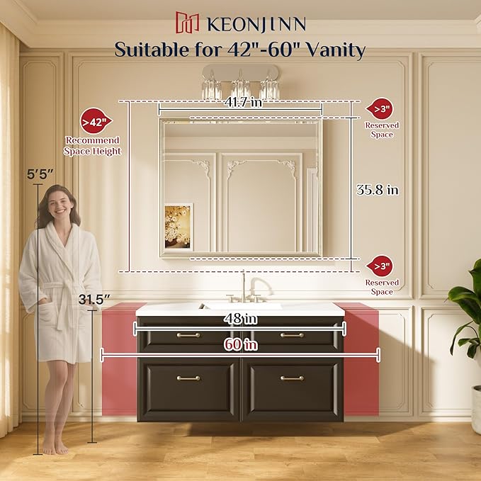 Keonjinn 42" x 36" Black Bathroom Vanity Mirror, Brushed Black Metal Framed Mirrors for Wall, Tempered Glass Beveled Edge, Shatterproof, Rectangular Modern Farmhouse Mirror for Dining Room, Hallway