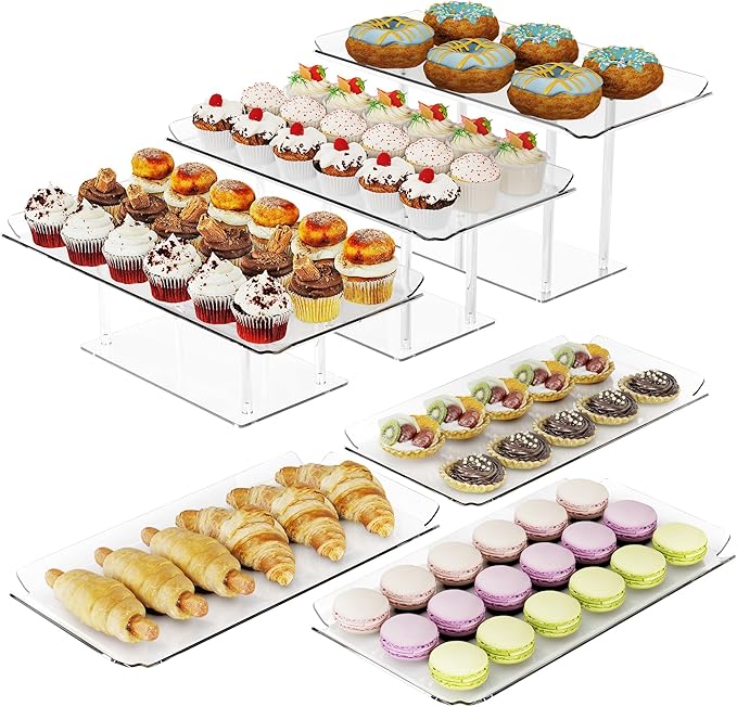 HeiMma 6 Pack Dessert Table Display Set, Clear Acrylic Dessert Display Stands with 3 Pack Dessert Tray Platters Buffet Risers for Pastry Food Fruit Candy Treat for Wedding Birthday Party