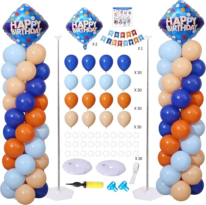 Blue and Orange Balloon Column Stand Kit Set of 2 with Birthday Banner, 7 Feet Height Orange Blue Adjustable Metal Balloon Towers for Cartoon Dog Theme Birthday Party Decorations Supplies