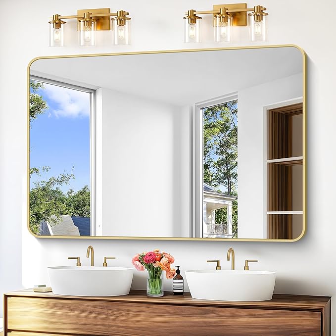 BONEWEI Gold Bathroom Mirror,60x40 inch Wall Mirror for Bathroom Wall Mounted,Round Rectangle Mirror for Bathroom Over Sink,Modern Frame for Home Decor Living Room,Bedroom Entryway,Horizontal/Vertical
