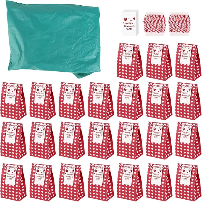 Fowecelt 24Pcs Valentines Day Gift Bags for Kids Red Party Favors Bags Goodie Snack Candy Paper Treat Bag with Cards for Valentines Party Favors Student Sclool Classroom Parties Decoration