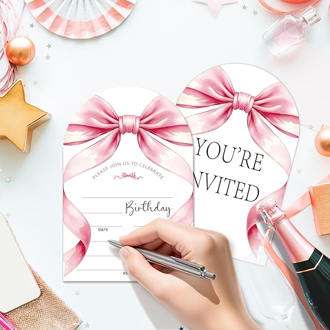 Pink Bow Birthday Party Invitations, Pink Ribbon Bow Party Invitations for Girls, 20 Fill-In invites with Envelopes, Birthday Party Favor & Decoration (arch)