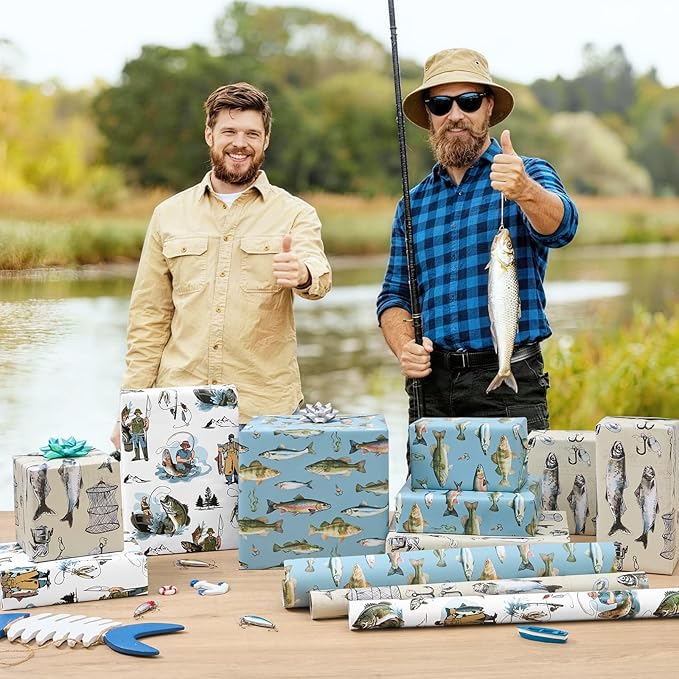 WERNNSAI Fishing Wrapping Paper Roll - 3 Rolls 17” x 120“ Fish Gift Wrap for Men Fishing Enthusiasts with Fishermen Fishes Fishhook Design Good for Birthday Father's Day Retirement Ocean Themed Party