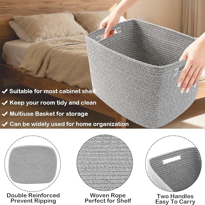 3 Pack Woven Rope Storage Baskets for Organizing,13.5"×11"×9.5"Storage Bins for Shelves,Perfect for Toys,Books,Towels,Clothes,Empty Gift Baskets for Nursery,Living Room&Bedroom(Mix Grey)