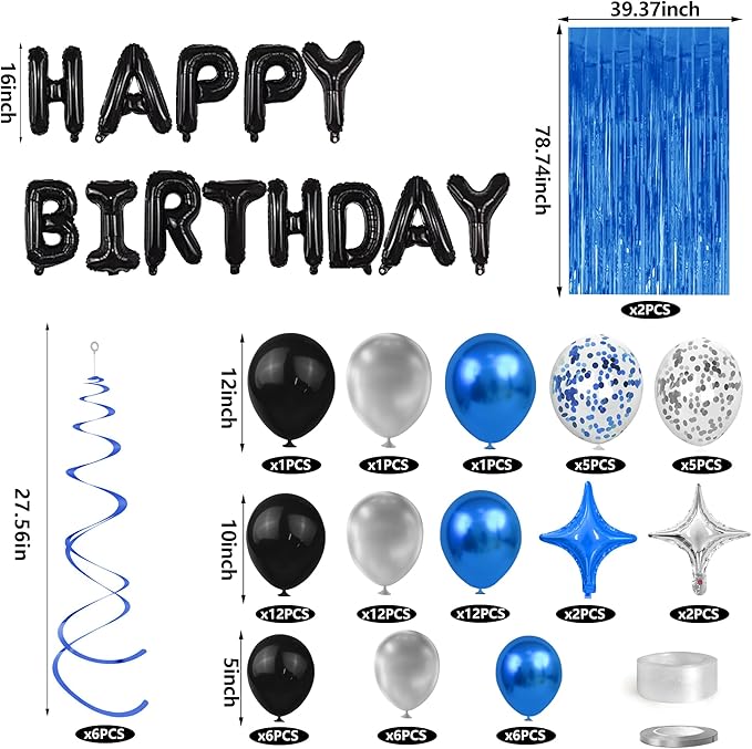 92 PCS Black and Blue Happy Birthday Decorations Balloons Fringe Curtains Vortex for Boys Men Girls Women 16th 18th 20th 21st 25th 30th 40th 50th 60th Birthday Party Decorations