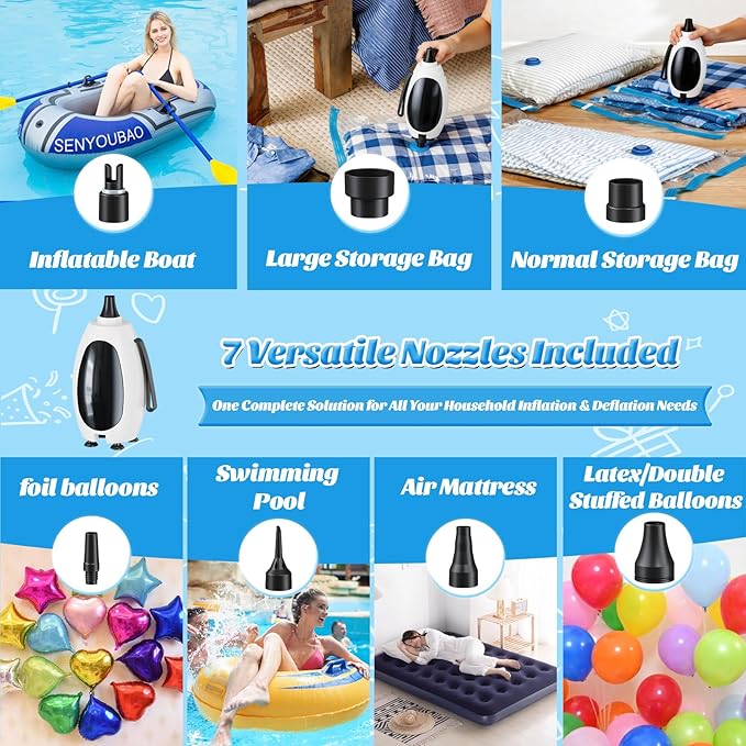 Balloon Pump Electric, Portable Balloon Inflator Air Pump Balloons Blower Machine with 6 Different Nozzles for Party Balloons Decorations Inflator Deflator for Inflatables Pool Floats Air Beds