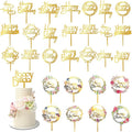 32 PCS Gold Happy Birthday Cake Toppers Flower Acrylic Birthday Cake Topper Cake Pick Decorations (Gold)