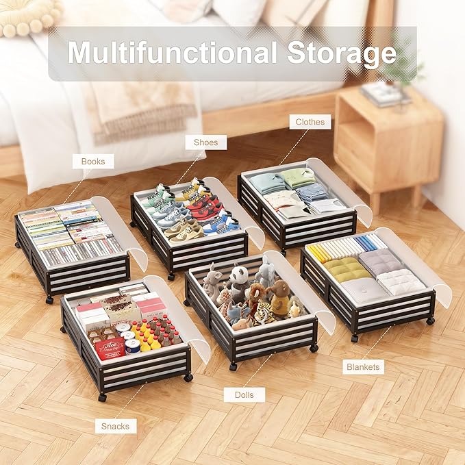 Under Bed Storage Containers With Wheels - 2 Pcs Bamboo Wood Rolling Underbed Shoe Storage Bins With Dust Bags for Clothes Blankets, Duvet Covers Snacks Toys (Black)