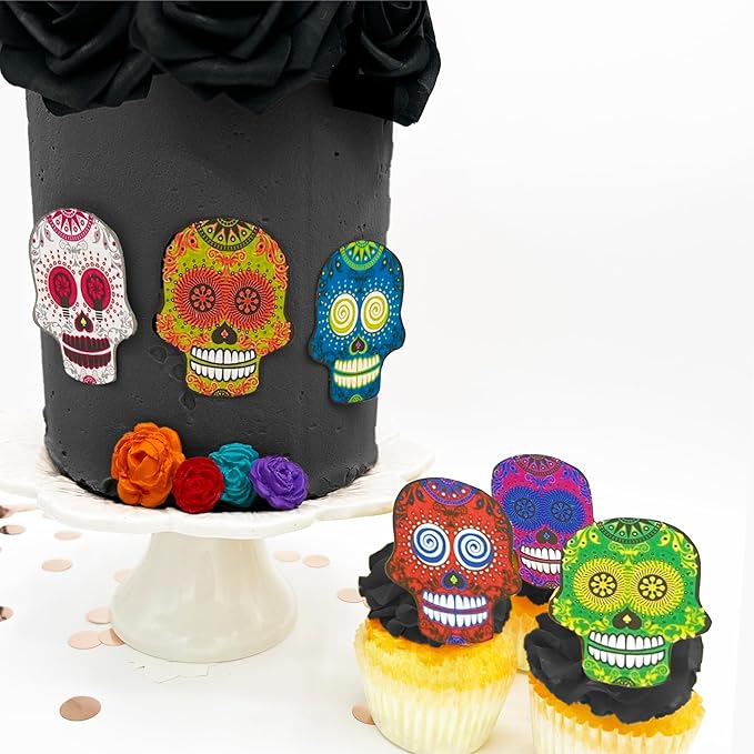 Large Edible Sugar Skulls Assorted Set of 12 - Wafer Cake & Cupcake Toppers - edible sugar skulls for cake decorating - Dia De Los Muertos & Halloween cupcake toppers